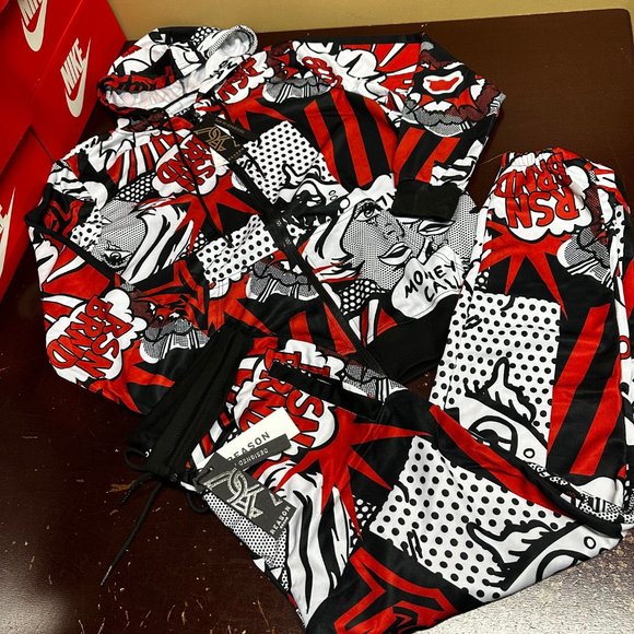 Reason Mens Multicolor Money Calls Comic Print Hoodie & Pant Track Set Size L - Picture 2 of 4